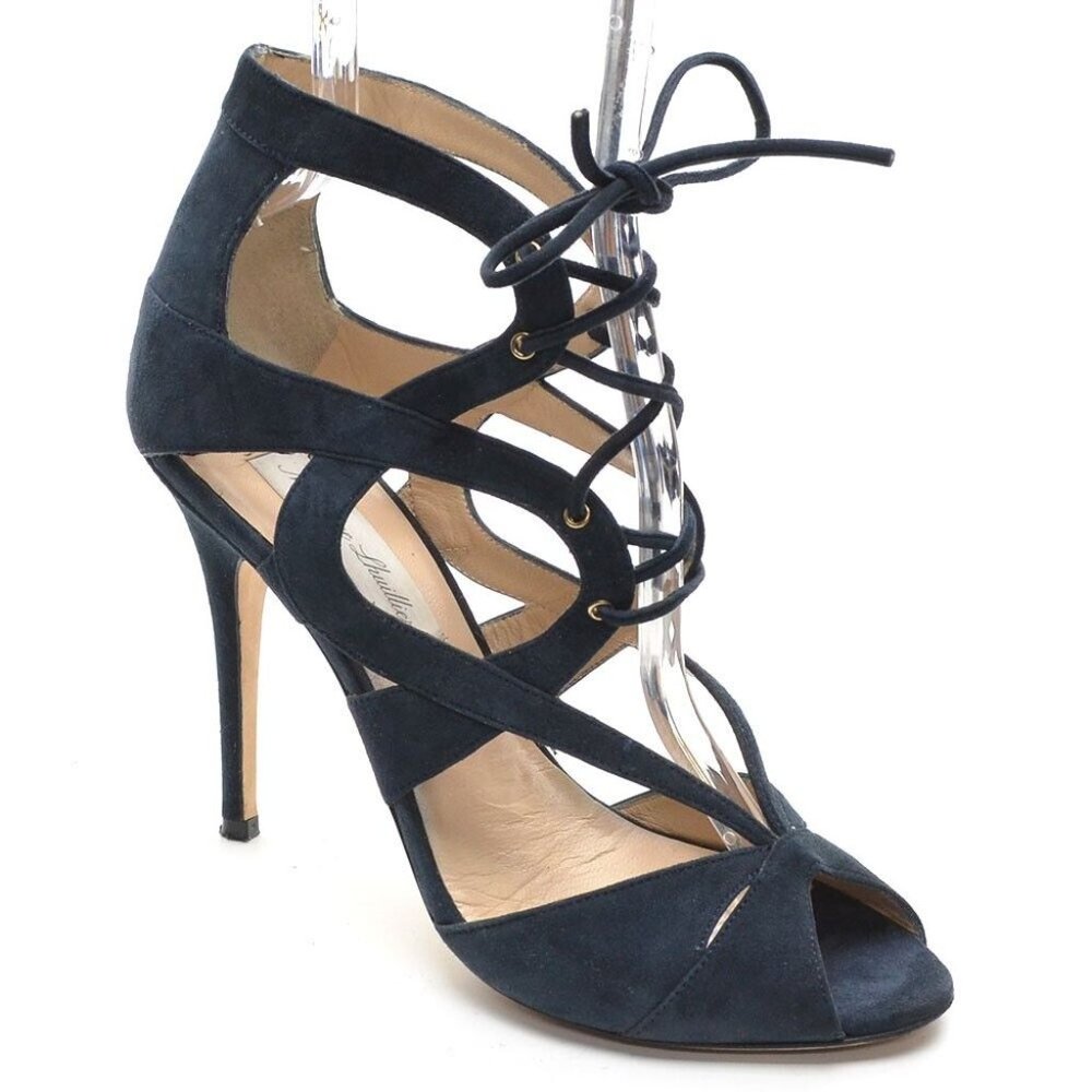 Monique Lhuillier Blue Suede High Heel Lace Up Pumps 38